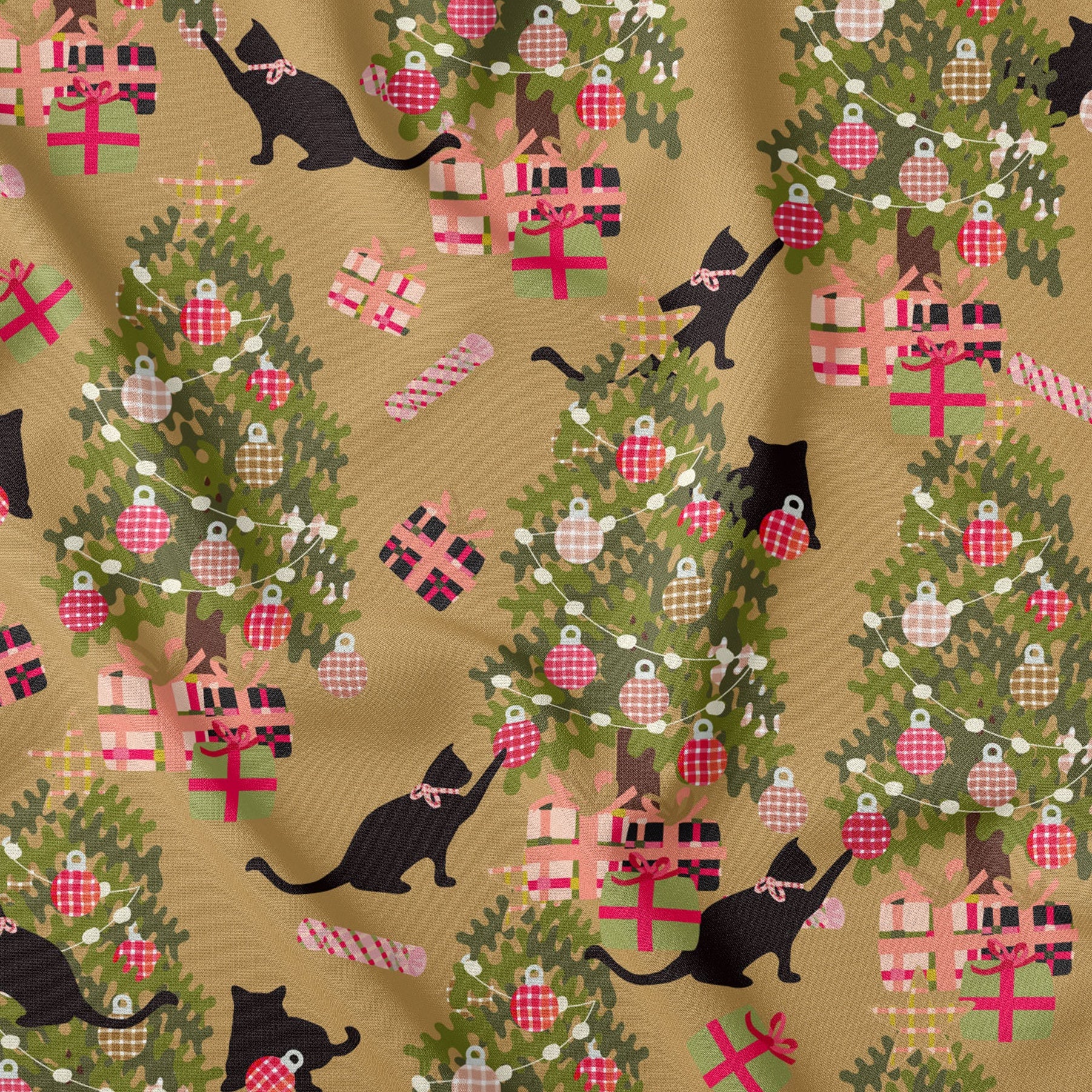 Cat and The Christmas Tree Gold Print-On-Demand Fabric