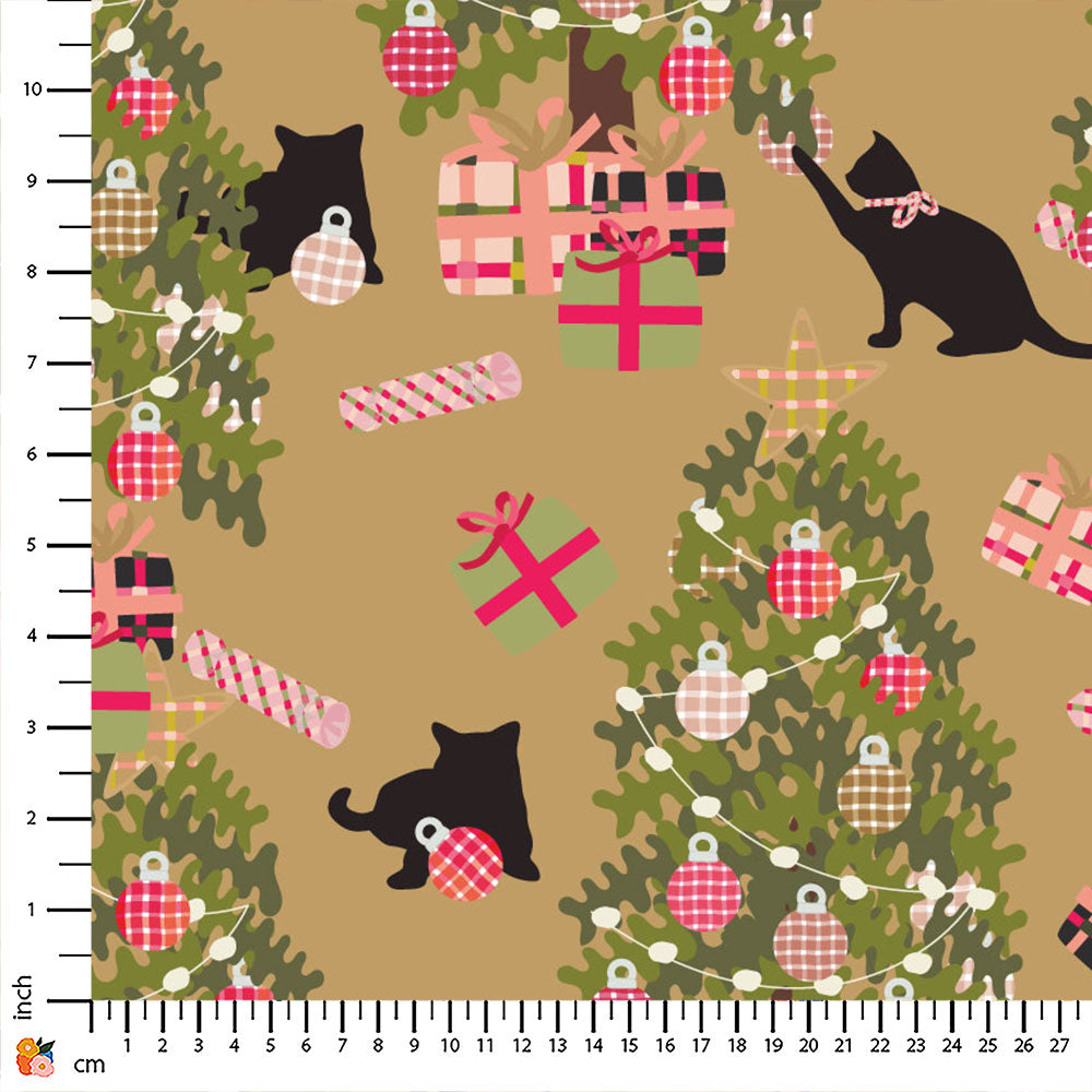 Cat and The Christmas Tree Gold Print-On-Demand Fabric