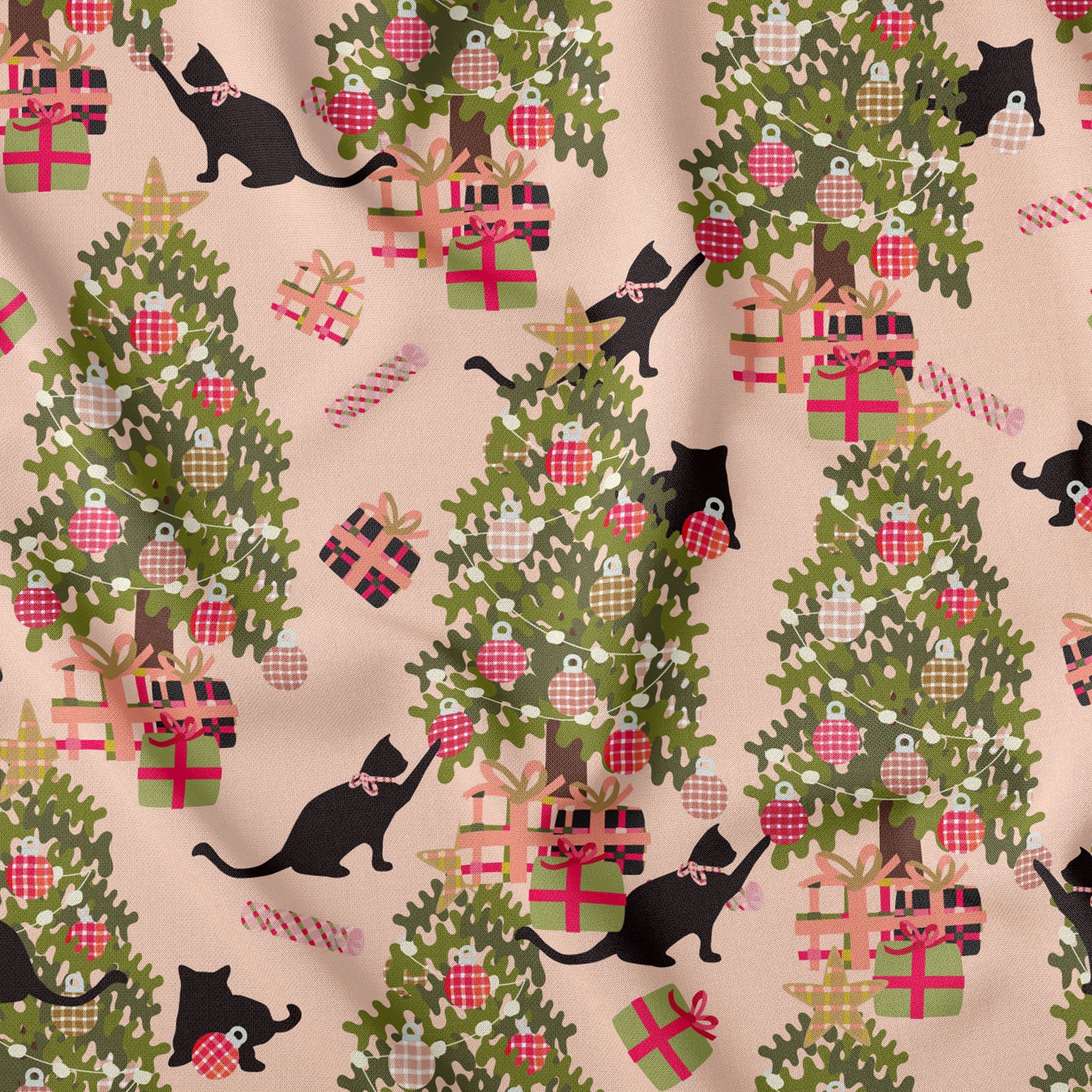 Cat and The Christmas Tree Whispering Peach Print-On-Demand Fabric
