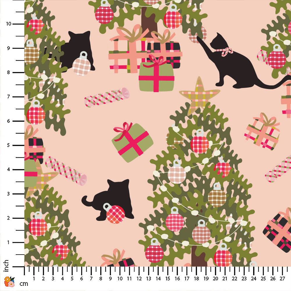Cat and The Christmas Tree Whispering Peach Print-On-Demand Fabric